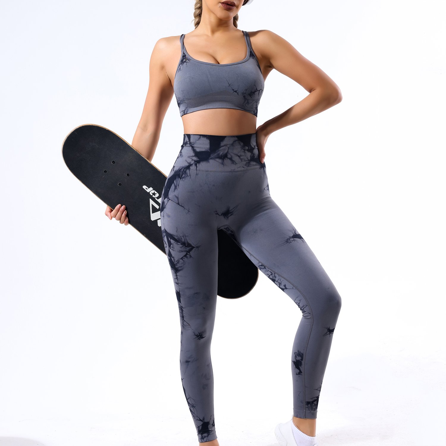 Custom Wholesale Manufacturer Fitness Yoga Set Cross Back Tie Dye blue printed