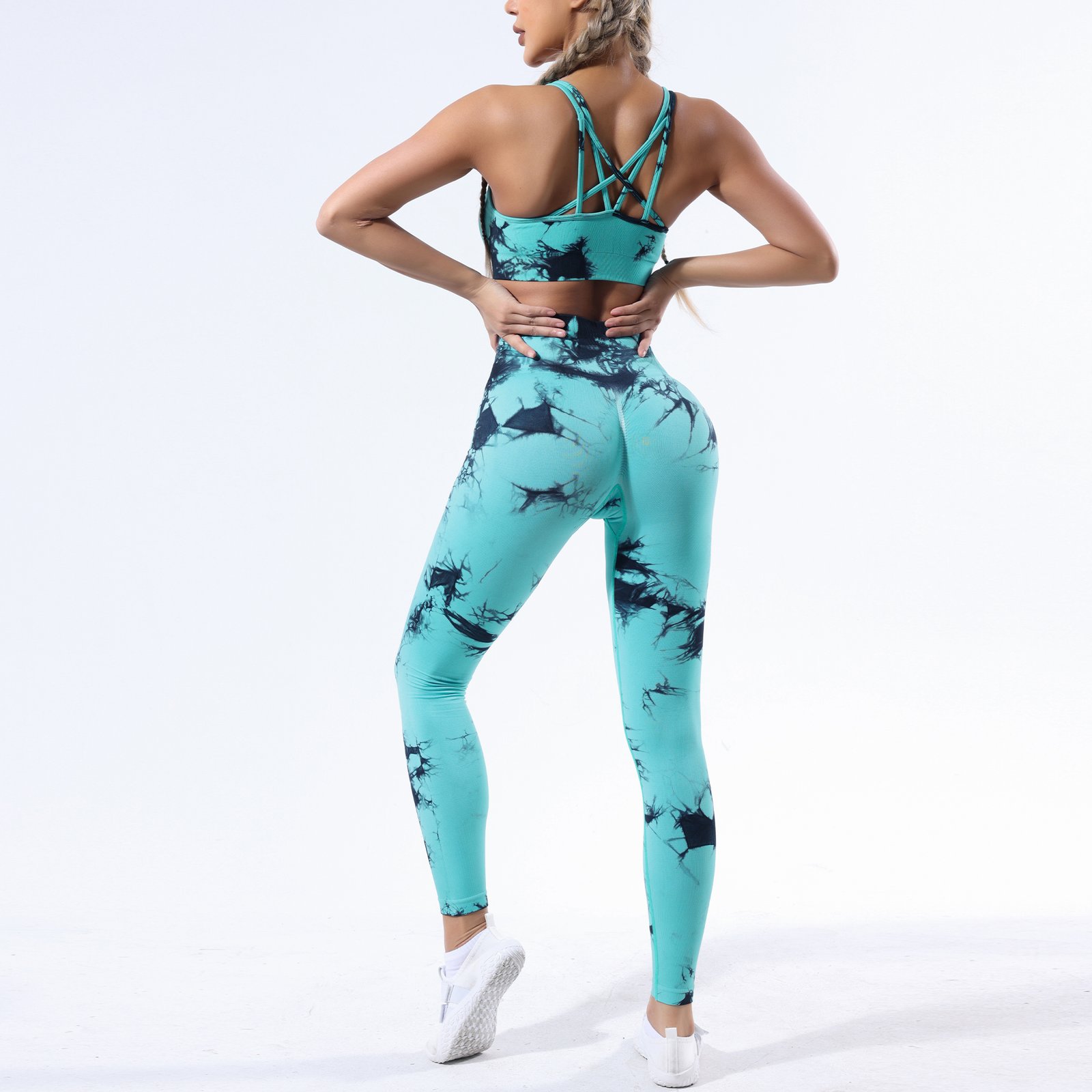 Custom Wholesale Manufacturer Fitness Yoga Set Cross Back Tie Dye ferooze back