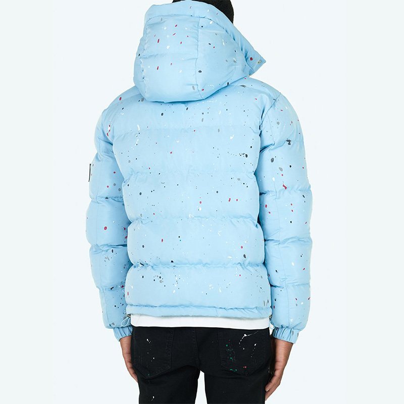 Premium-Custom-Men's-Puffer-Jacket-with-Bubble-Print-Logo-blue-model-back--Winter-Outdoor-Jacket-Manufacturer